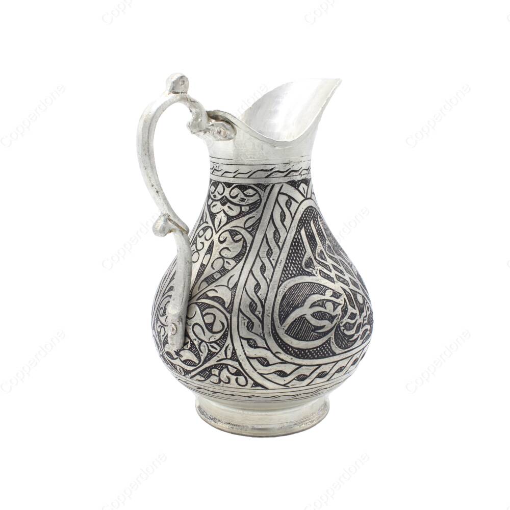 Copperdone Gaziantep Style Handmade Hand Engraved Chisel Work Copper Jug Decanter Antique Silver Color - 2