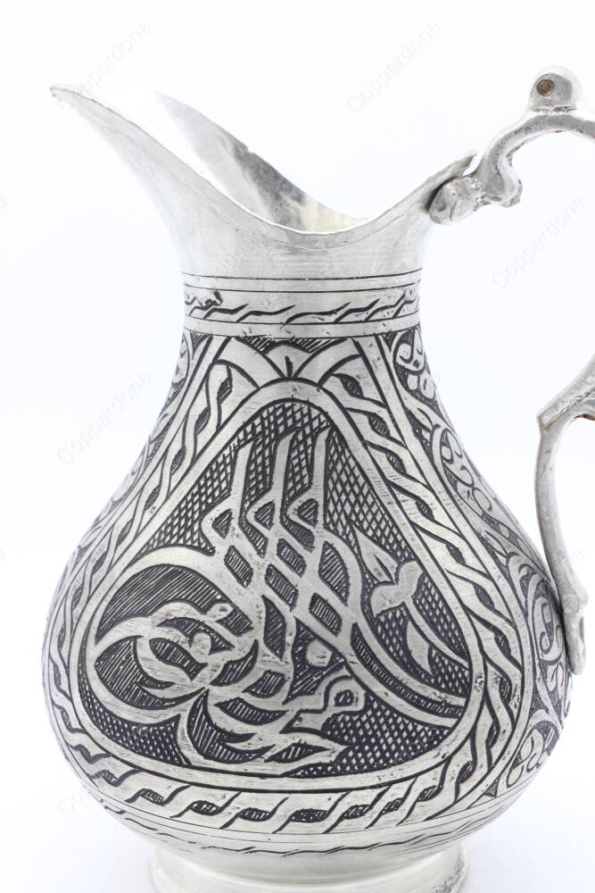 Copperdone Gaziantep Style Handmade Hand Engraved Chisel Work Copper Jug Decanter Antique Silver Color - 5