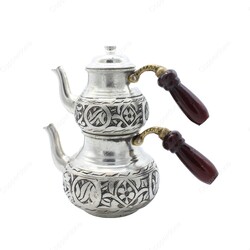 Copperdone Gaziantep Style Handmade Hand Engraved Chisel Work Turkish Copper Teapot Tea Kettle Antic Silver Color - 2