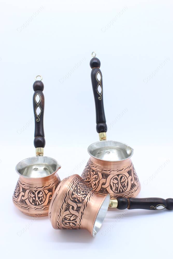 Copperdone Gaziantep Style Handmade Hand Engraved Copper Coffee Pot Cezve Ibrik Briki Turkish Greek Arabic Coffee Maker Set Antique Copper Color - 3