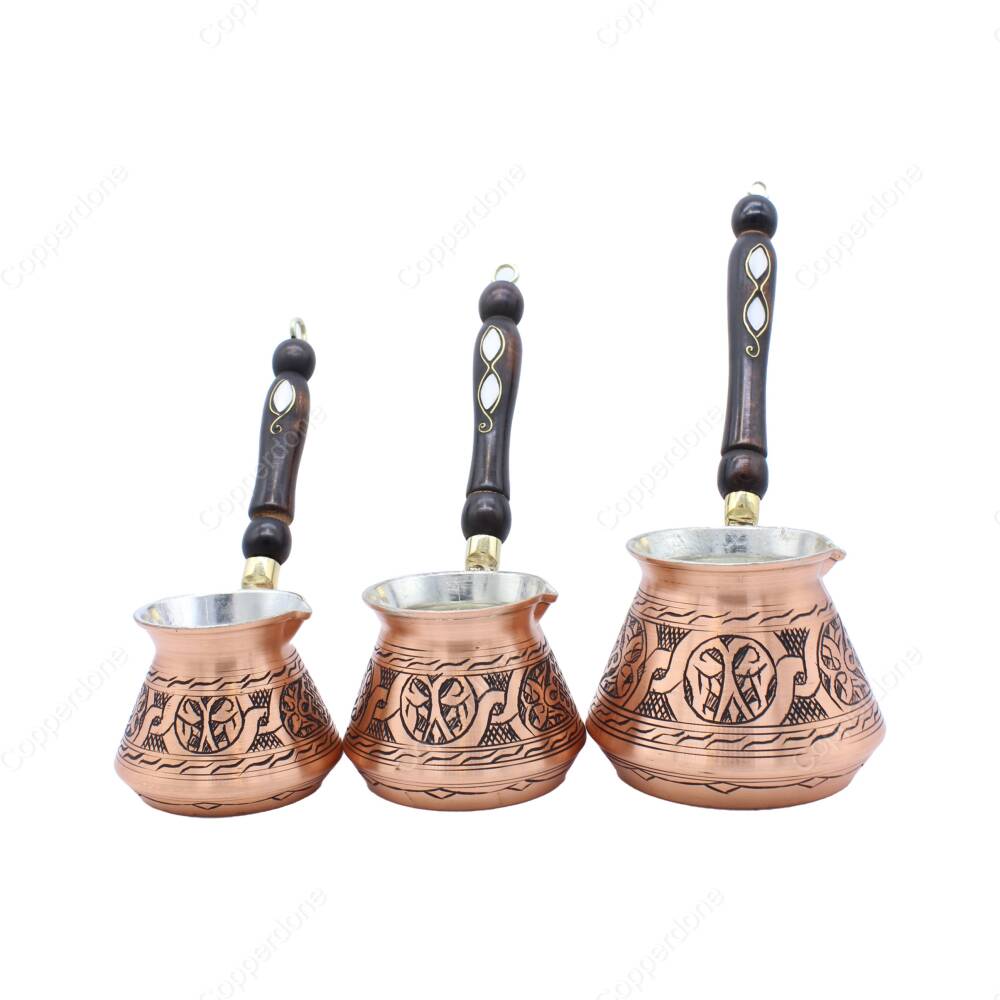 Copperdone Gaziantep Style Handmade Hand Engraved Copper Coffee Pot Cezve Ibrik Briki Turkish Greek Arabic Coffee Maker Set Antique Copper Color - 1