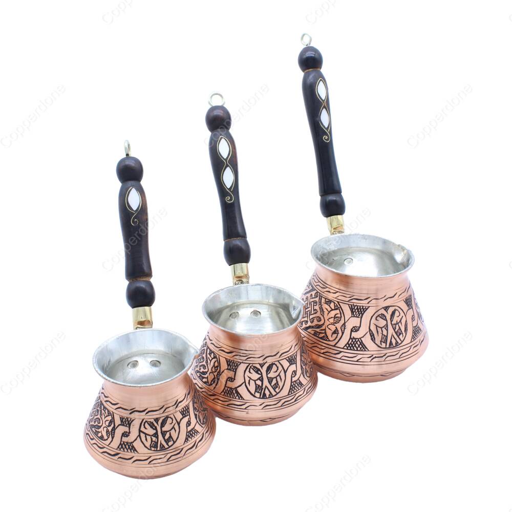 Copperdone Gaziantep Style Handmade Hand Engraved Copper Coffee Pot Cezve Ibrik Briki Turkish Greek Arabic Coffee Maker Set Antique Copper Color - 2