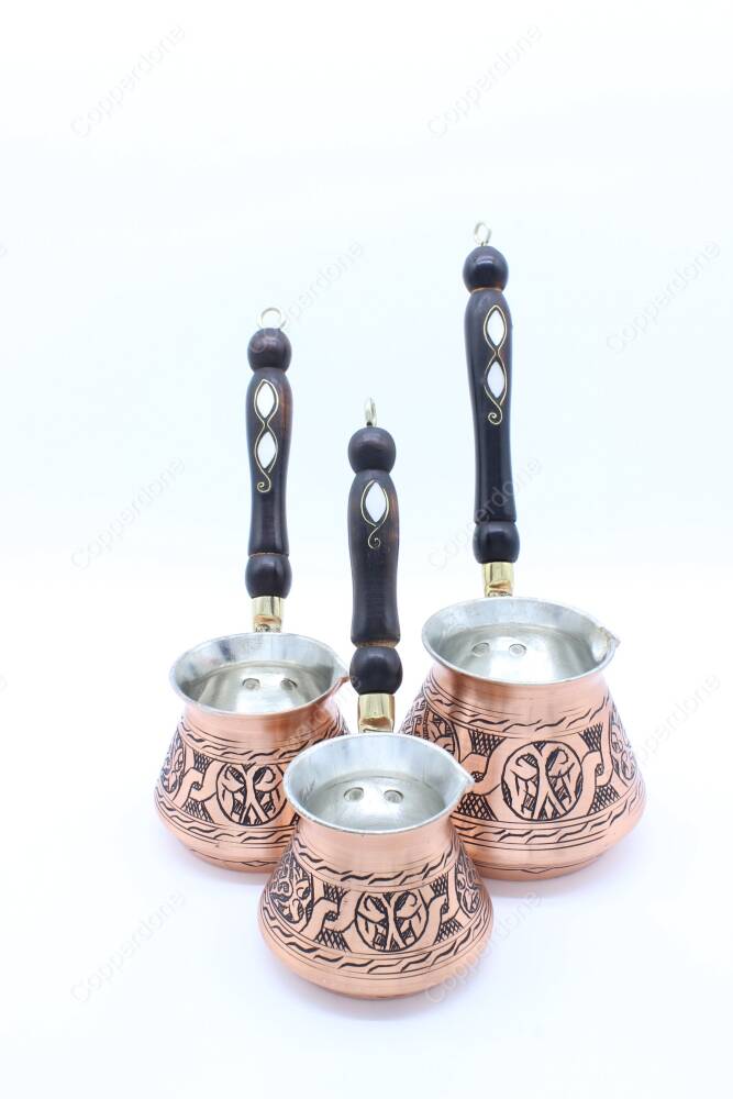 Copperdone Gaziantep Style Handmade Hand Engraved Copper Coffee Pot Cezve Ibrik Briki Turkish Greek Arabic Coffee Maker Set Antique Copper Color - 4