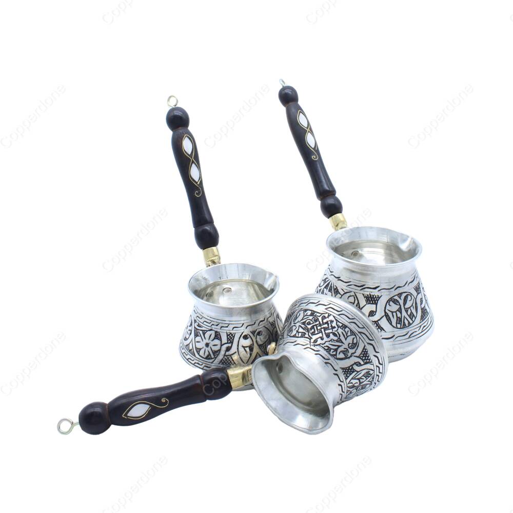 Copperdone Gaziantep Style Handmade Hand Engraved Copper Coffee Pot Cezve Ibrik Briki Turkish Greek Arabic Coffee Maker Set Antique Silver Color - 2