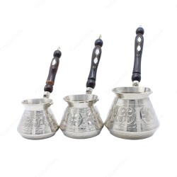 Copperdone Gaziantep Style Handmade Hand Engraved Copper Coffee Pot Cezve Ibrik Briki Turkish Greek Arabic Coffee Maker Set Shiny Silver Color - 1