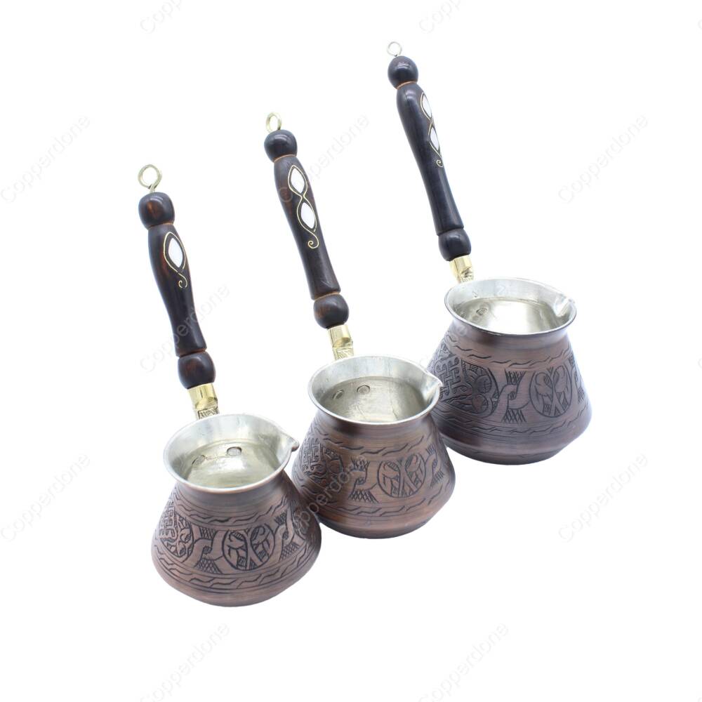 Copperdone Gaziantep Style Handmade Hand Engraved Copper Coffee Pot Cezve Ibrik Briki Turkish Greek Arabic Coffee Maker Set Vintage Copper Color - 2