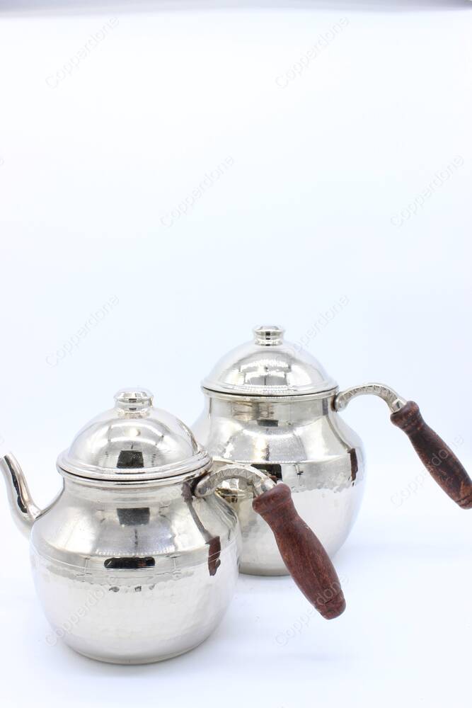 Copperdone Gaziantep Style Handmade Hand Hammered Large Size Copper Teapot Tea Kettle Shiny Silver Color - 4