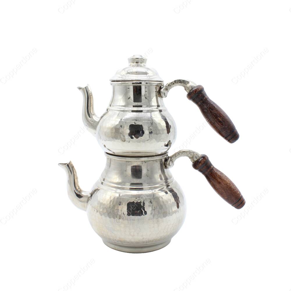 Copperdone Gaziantep Style Handmade Hand Hammered Turkish Copper Teapot Tea Kettle Shiny Silver Color - 1