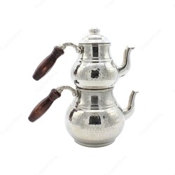 Copperdone Gaziantep Style Handmade Hand Hammered Turkish Copper Teapot Tea Kettle Shiny Silver Color - 2