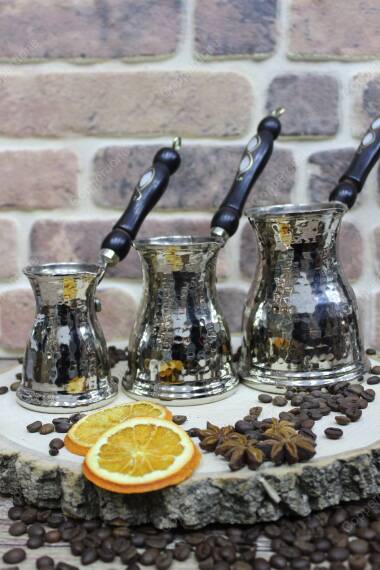 Copperdone Hand Hammered Authentic Copper Coffee Pot Turkish Greek Arabic Coffee Maker Set Silver Color - 2