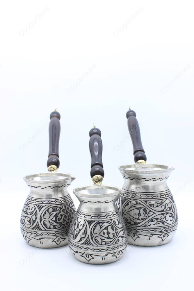 Copperdone Handmade Anatolian Motif Hand Engraved Copper Coffee Pot Cezve Ibrik Briki Turkish Greek Arabic Coffee Maker Set Antique Silver Color - 3