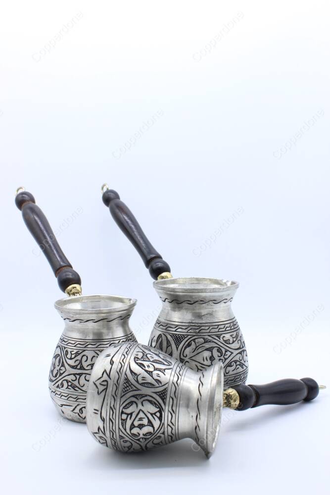 Copperdone Handmade Anatolian Motif Hand Engraved Copper Coffee Pot Cezve Ibrik Briki Turkish Greek Arabic Coffee Maker Set Antique Silver Color - 4