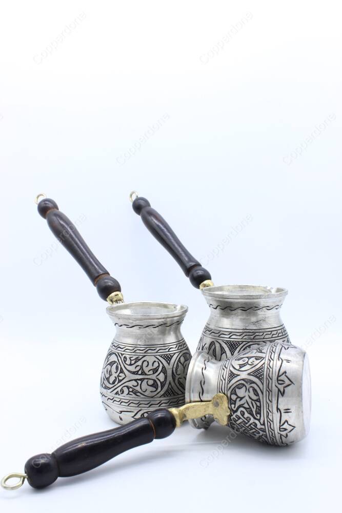 Copperdone Handmade Anatolian Motif Hand Engraved Copper Coffee Pot Cezve Ibrik Briki Turkish Greek Arabic Coffee Maker Set Antique Silver Color - 5