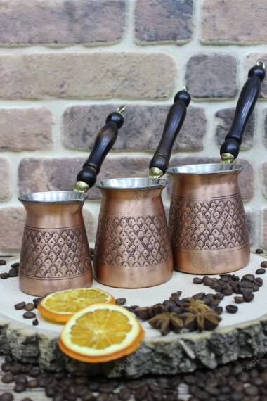 Copperdone Handmade Authentic Motif Hand Engraved Copper Coffee Pot Turkish Greek Arabic Coffee Pot Set Antic Copper Color - 2