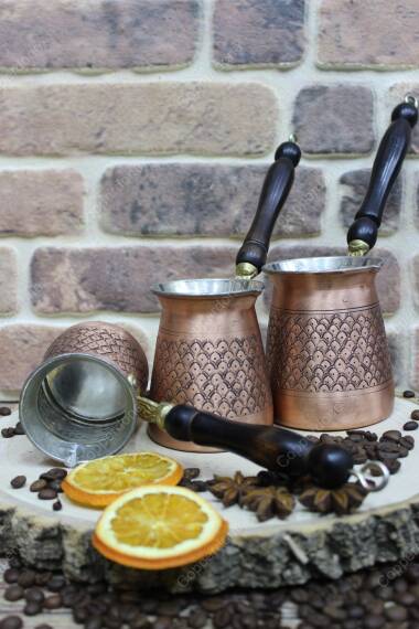 Copperdone Handmade Authentic Motif Hand Engraved Copper Coffee Pot Turkish Greek Arabic Coffee Pot Set Antic Copper Color - 3