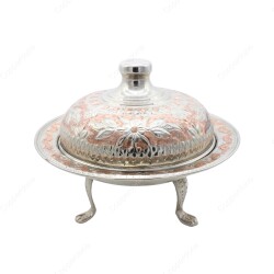 Copperdone Handmade Embossed Floral Pattern Copper Round Shape Serving Plate Platter With Lid Silver Color - 1