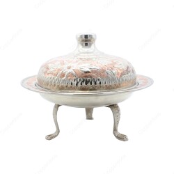 Copperdone Handmade Embossed Floral Pattern Copper Round Shape Serving Plate Platter With Lid Silver Color - 2