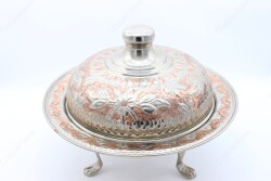 Copperdone Handmade Embossed Floral Pattern Copper Round Shape Serving Plate Platter With Lid Silver Color - 3