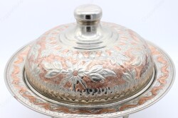 Copperdone Handmade Embossed Floral Pattern Copper Round Shape Serving Plate Platter With Lid Silver Color - 4