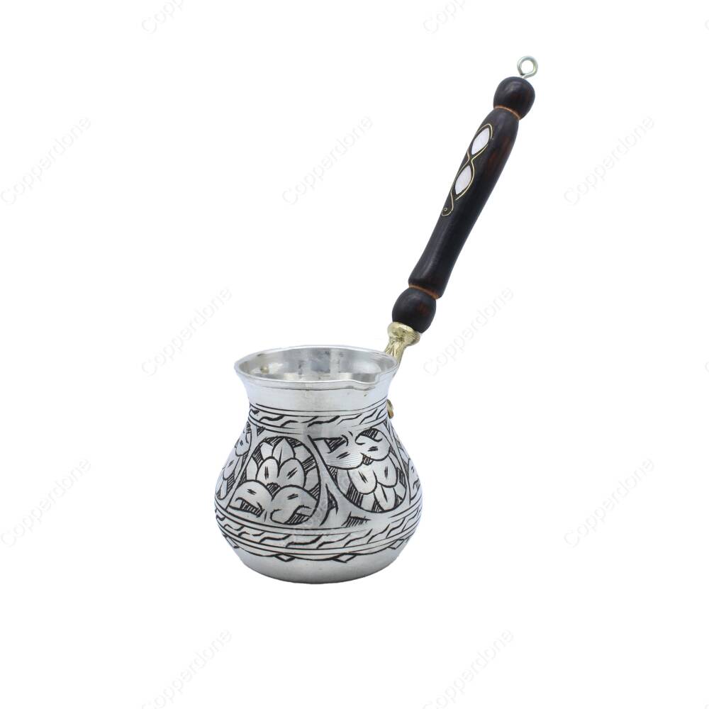 Copperdone Handmade Ethnic Motif Hand Engraved Copper Coffee Pot Cezve Ibrik Briki Turkish Greek Arabic Coffee Maker Antique Silver Color Medium - 1