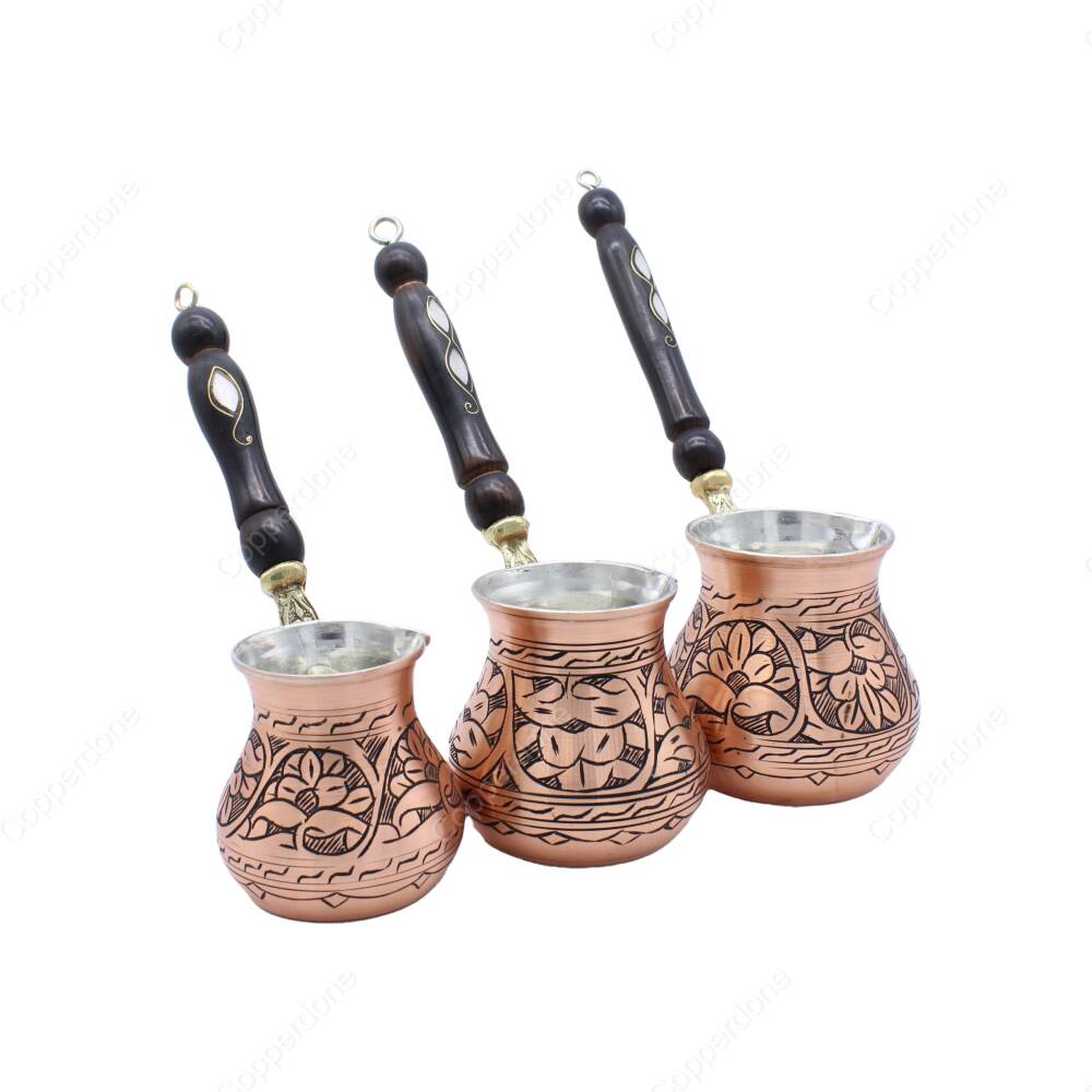 Copperdone Handmade Ethnic Motif Hand Engraved Copper Coffee Pot Cezve Ibrik Briki Turkish Greek Arabic Coffee Maker Set Antique Copper Color - 2