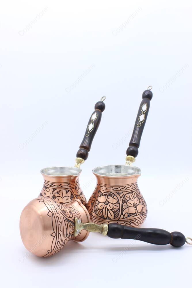 Copperdone Handmade Ethnic Motif Hand Engraved Copper Coffee Pot Cezve Ibrik Briki Turkish Greek Arabic Coffee Maker Set Antique Copper Color - 3