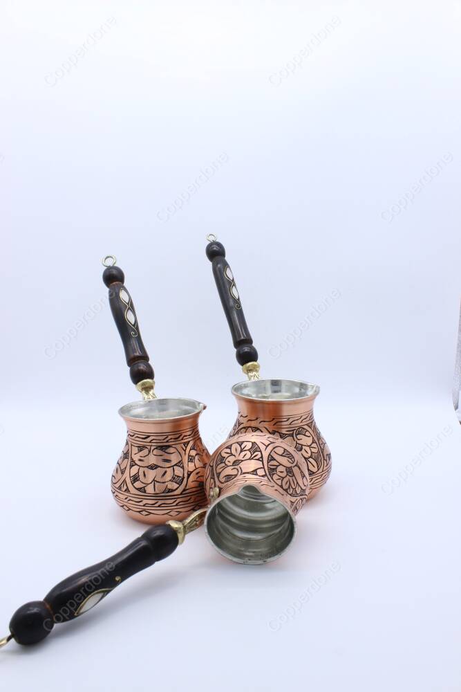 Copperdone Handmade Ethnic Motif Hand Engraved Copper Coffee Pot Cezve Ibrik Briki Turkish Greek Arabic Coffee Maker Set Antique Copper Color - 4