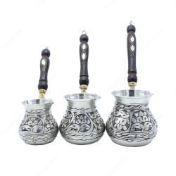 Copperdone Handmade Ethnic Motif Hand Engraved Copper Coffee Pot Cezve Ibrik Briki Turkish Greek Arabic Coffee Maker Set Antique Silver Color - 1