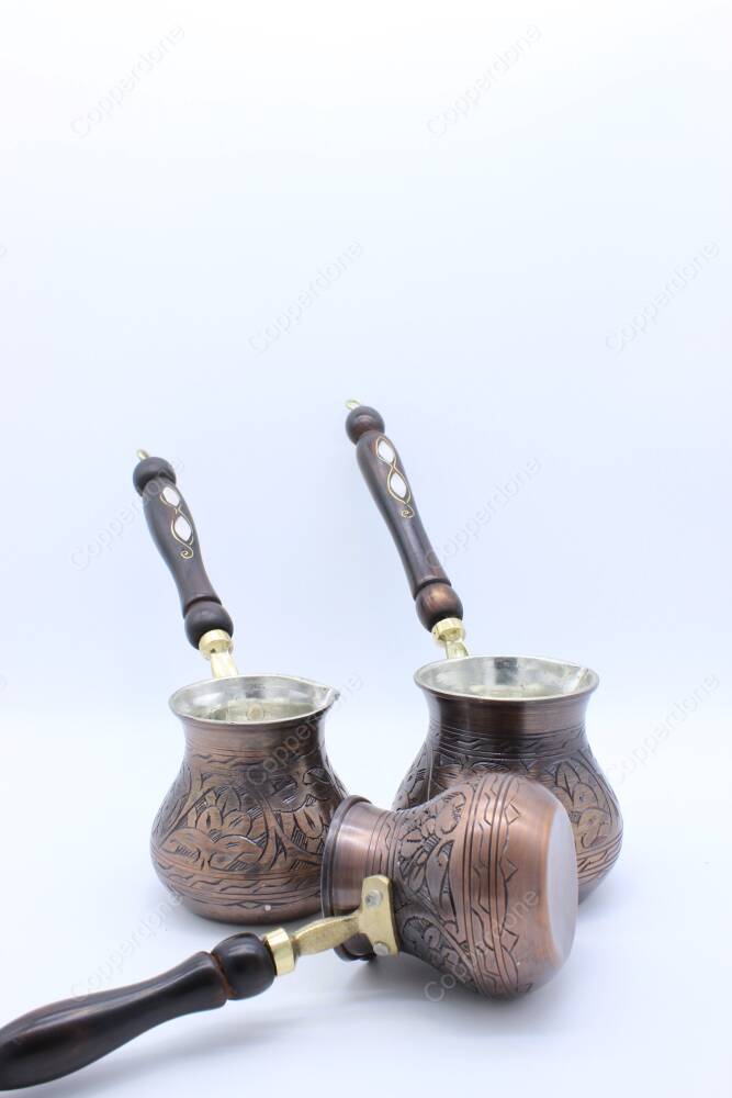 Copperdone Handmade Ethnic Motif Hand Engraved Copper Coffee Pot Cezve Ibrik Briki Turkish Greek Arabic Coffee Maker Set Vintage Copper Color - 4