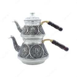 Copperdone Handmade Fine Hand Engraved Chisel Work Pyramid Shaped Turkish Copper Teapot Tea Kettle Antique Silver Color MODEL 5 - 1