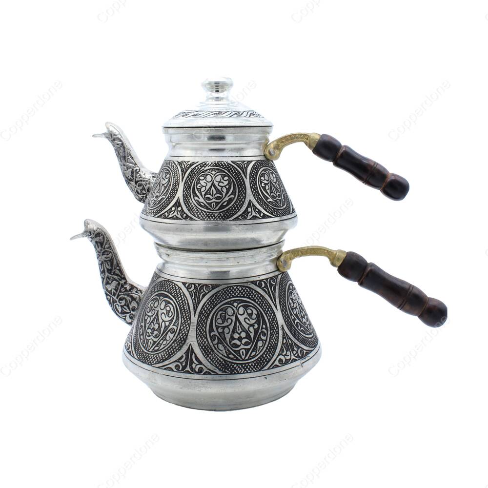 Copperdone Handmade Fine Hand Engraved Chisel Work Pyramid Shaped Turkish Copper Teapot Tea Kettle Antique Silver Color MODEL 5 - 2