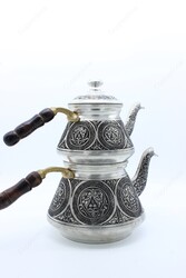 Copperdone Handmade Fine Hand Engraved Chisel Work Pyramid Shaped Turkish Copper Teapot Tea Kettle Antique Silver Color MODEL 5 - 3