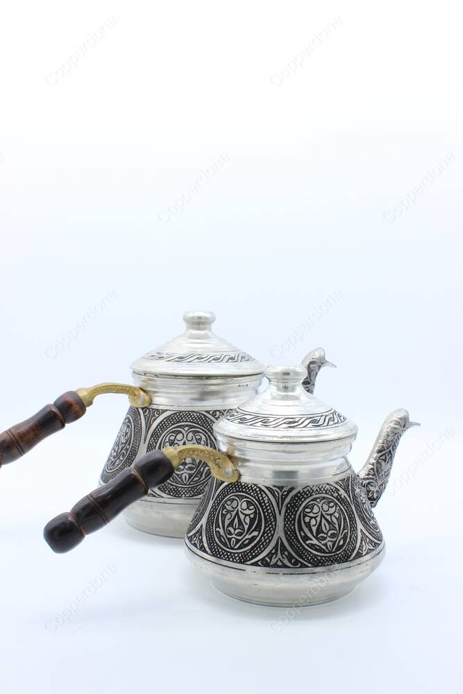 Copperdone Handmade Fine Hand Engraved Chisel Work Pyramid Shaped Turkish Copper Teapot Tea Kettle Antique Silver Color MODEL 5 - 4