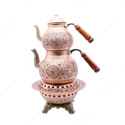 Copperdone Handmade Fine Hand Engraved Chisel Work Turkish Copper Teapot Tea Kettle and Copper Teapot Warmer Set Antique Copper Color MODEL 1 - 1