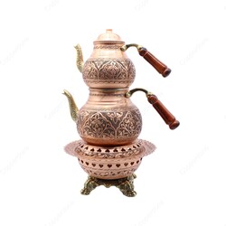 Copperdone Handmade Fine Hand Engraved Chisel Work Turkish Copper Teapot Tea Kettle and Copper Teapot Warmer Set Antique Copper Color MODEL 2 - 1