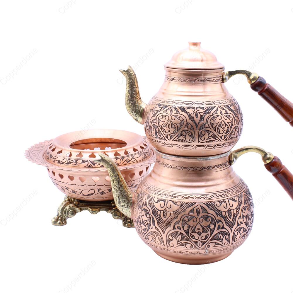 Copperdone Handmade Fine Hand Engraved Chisel Work Turkish Copper Teapot Tea Kettle and Copper Teapot Warmer Set Antique Copper Color MODEL 2 - 2