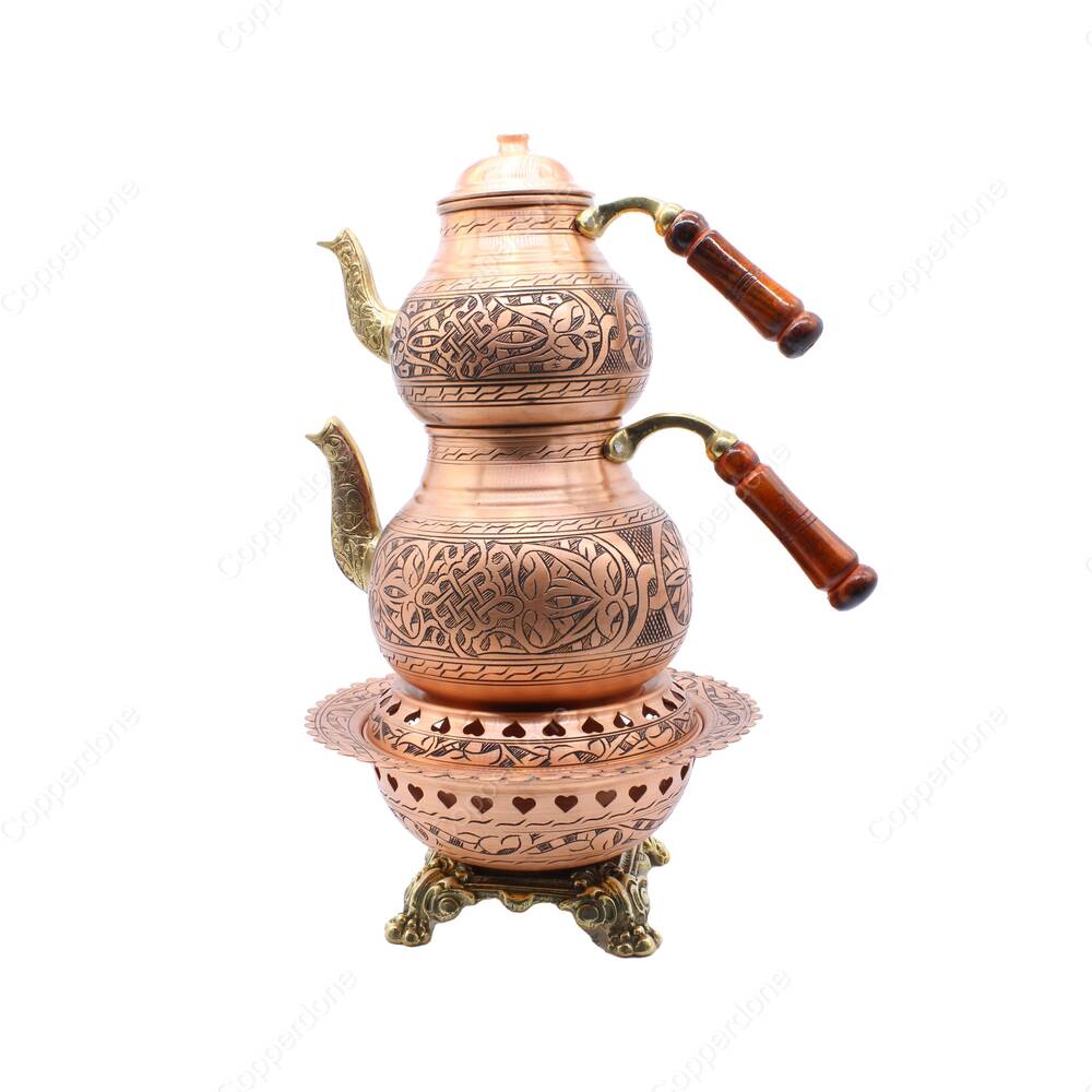 Copperdone Handmade Fine Hand Engraved Chisel Work Turkish Copper Teapot Tea Kettle and Copper Teapot Warmer Set Antique Copper Color MODEL 3 - 1