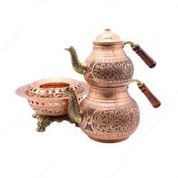 Copperdone Handmade Fine Hand Engraved Chisel Work Turkish Copper Teapot Tea Kettle and Copper Teapot Warmer Set Antique Copper Color MODEL 3 - 2