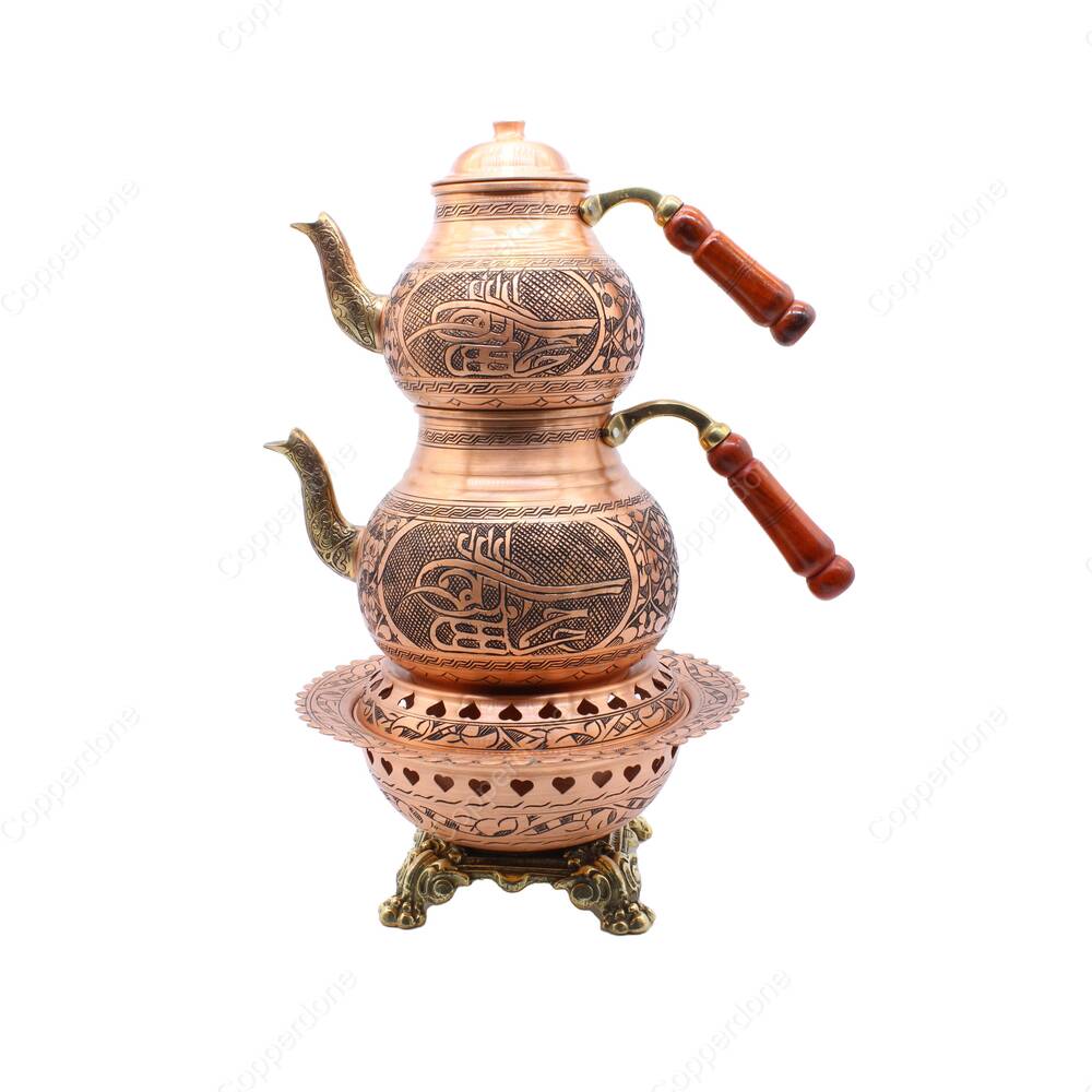 Copperdone Handmade Fine Hand Engraved Chisel Work Turkish Copper Teapot Tea Kettle and Copper Teapot Warmer Set Antique Copper Color MODEL 4 - 1