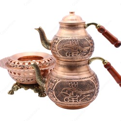 Copperdone Handmade Fine Hand Engraved Chisel Work Turkish Copper Teapot Tea Kettle and Copper Teapot Warmer Set Antique Copper Color MODEL 4 - 2