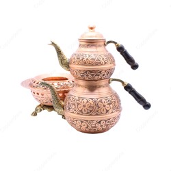 Copperdone Handmade Fine Hand Engraved Chisel Work Turkish Copper Teapot Tea Kettle and Copper Teapot Warmer Set Antique Copper Color MODEL 7 - 2