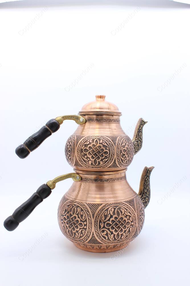 Copperdone Handmade Fine Hand Engraved Chisel Work Turkish Copper Teapot Tea Kettle Antique Copper Color MODEL 1 - 3