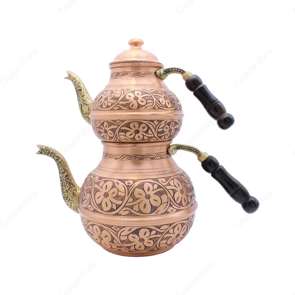 Copperdone Handmade Fine Hand Engraved Chisel Work Turkish Copper Teapot Tea Kettle Antique Copper Color MODEL 2 - 1