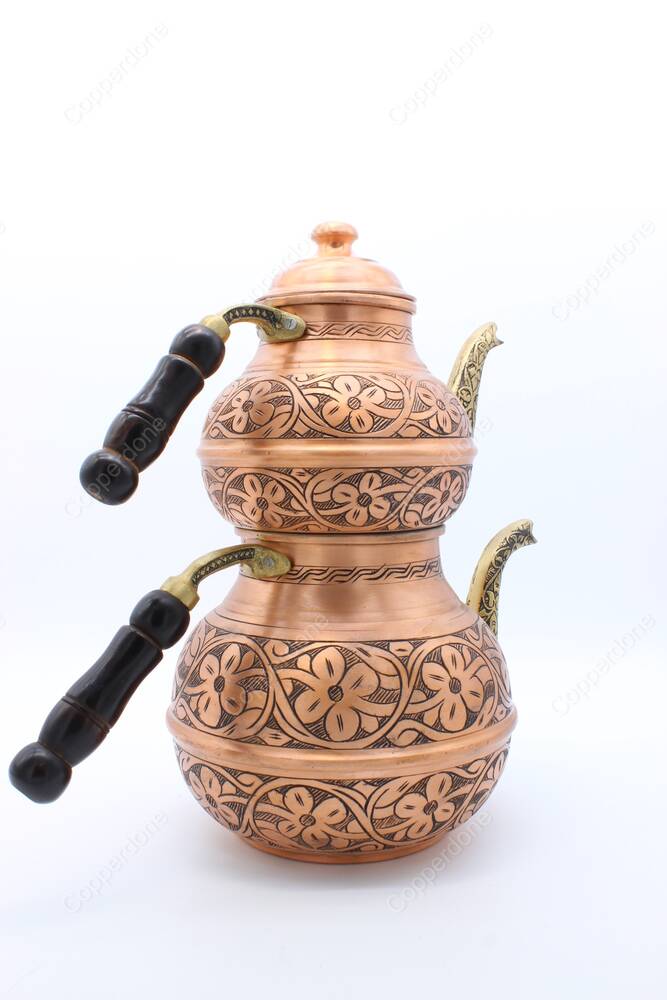 Copperdone Handmade Fine Hand Engraved Chisel Work Turkish Copper Teapot Tea Kettle Antique Copper Color MODEL 2 - 3