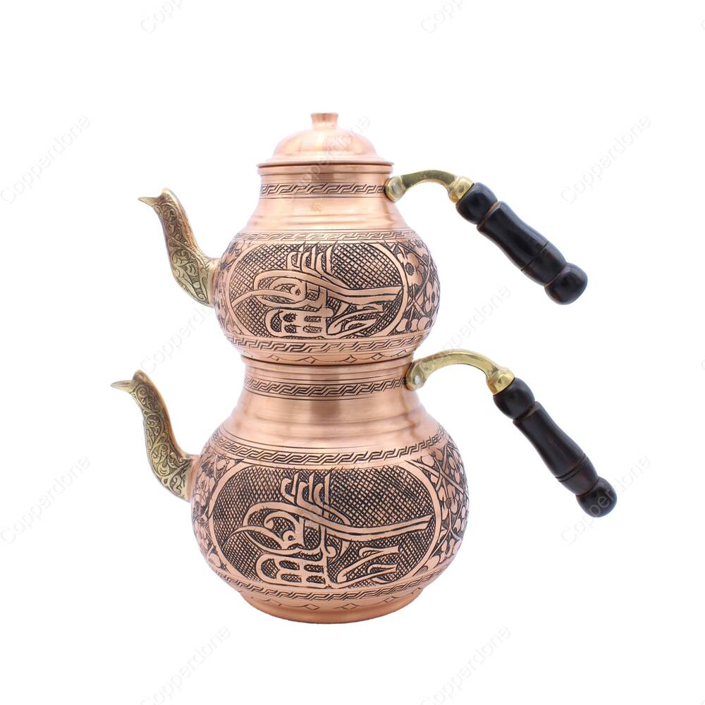 Copperdone Handmade Fine Hand Engraved Chisel Work Turkish Copper Teapot Tea Kettle Antique Copper Color MODEL 3 - 1