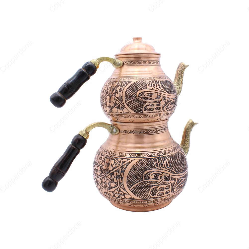 Copperdone Handmade Fine Hand Engraved Chisel Work Turkish Copper Teapot Tea Kettle Antique Copper Color MODEL 3 - 2