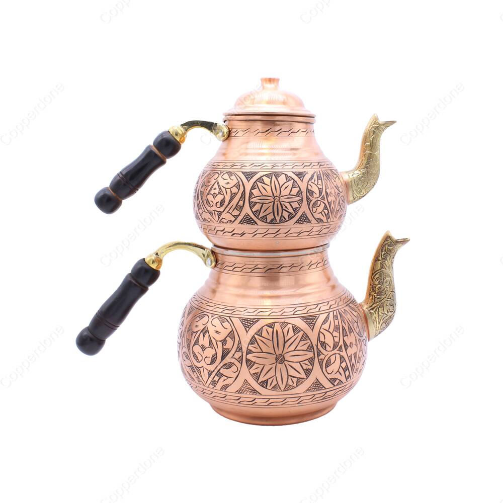 Copperdone Handmade Fine Hand Engraved Chisel Work Turkish Copper Teapot Tea Kettle Antique Copper Color MODEL 4 - 2