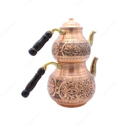 Copperdone Handmade Fine Hand Engraved Chisel Work Turkish Copper Teapot Tea Kettle Antique Copper Color MODEL 5 - 2