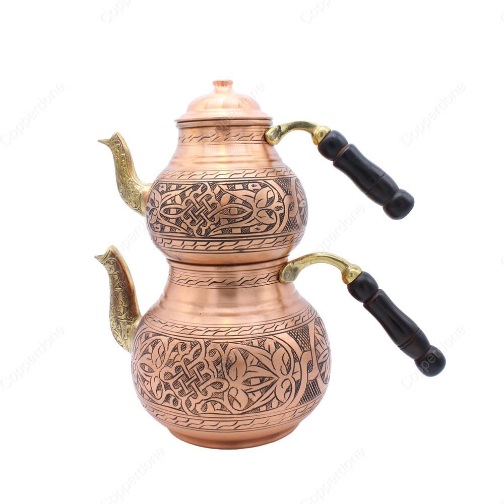 Copperdone Handmade Fine Hand Engraved Chisel Work Turkish Copper Teapot Tea Kettle Antique Copper Color MODEL 5 - 1