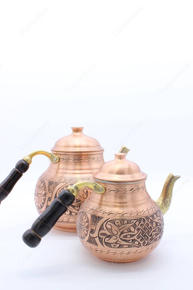 Copperdone Handmade Fine Hand Engraved Chisel Work Turkish Copper Teapot Tea Kettle Antique Copper Color MODEL 5 - 3